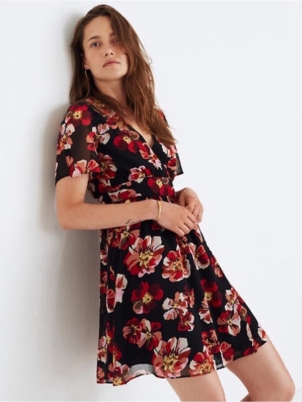 Madewell Black Dress with Red Floral Pattern